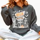Small Dark Gray Heather The Skellie Motel Skeleton Halloween Night Haunting Edition With Spooky Vibes And Retro Motel Aesthetic Sweatshirt