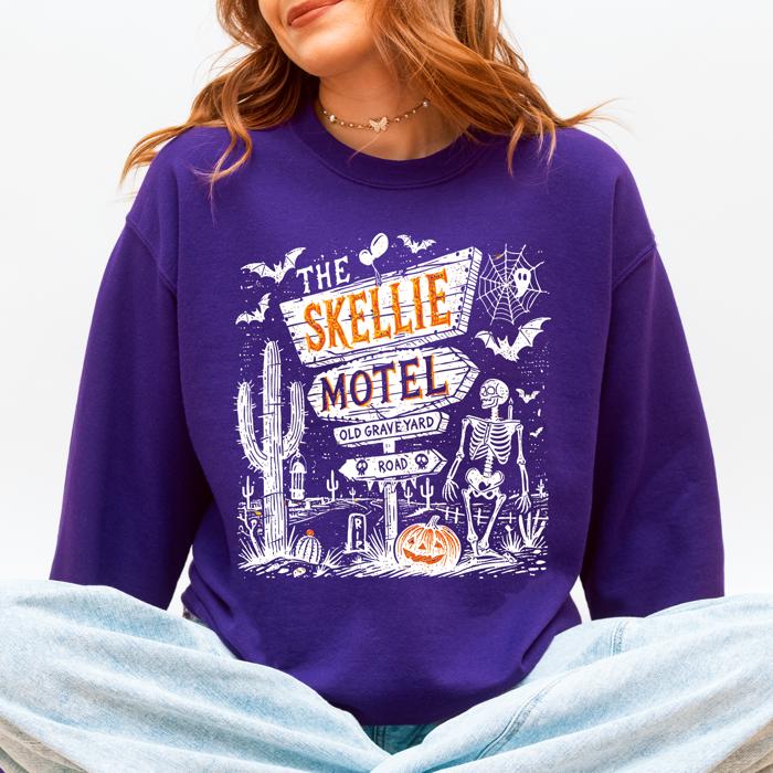 The Skellie Motel Skeleton Halloween Night Haunting Edition With Spooky Vibes And Retro Motel Aesthetic Sweatshirt