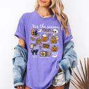 Small Violet Purple Tis The Season Halloween Skeleton Black Cat Witch Ghost Pumpkin Comfort Colors Tee
