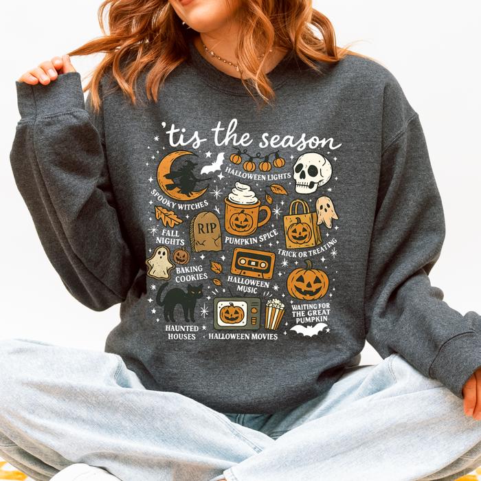 Tis The Season Halloween Skeleton Black Cat Witch Ghost Pumpkin Spooky Sweatshirt