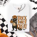 XXL White Trick or Treat Raccoon Halloween Mischief With Skeletons Ghosts Cats And Pumpkins Comfort Colors Tee