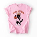 Medium Blossom Light Pink Trick Or Treat Feral Raccoon Halloween Skeletons Ghosts Witches Cats Pumpkins Graphic Comfort Colors Tee