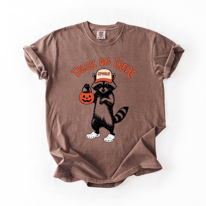 Trick Or Treat Feral Raccoon Halloween Skeletons Ghosts Witches Cats Pumpkins Graphic Comfort Colors Tee