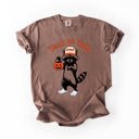 Large Espresso Trick Or Treat Feral Raccoon Halloween Skeletons Ghosts Witches Cats Pumpkins Graphic Comfort Colors Tee