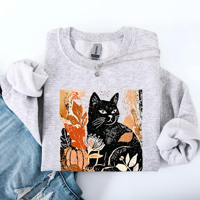 Vintage Black Cat Halloween Autumn Pumpkin Cozy Soft Fleece Vintage Inspired Design Sweatshirt