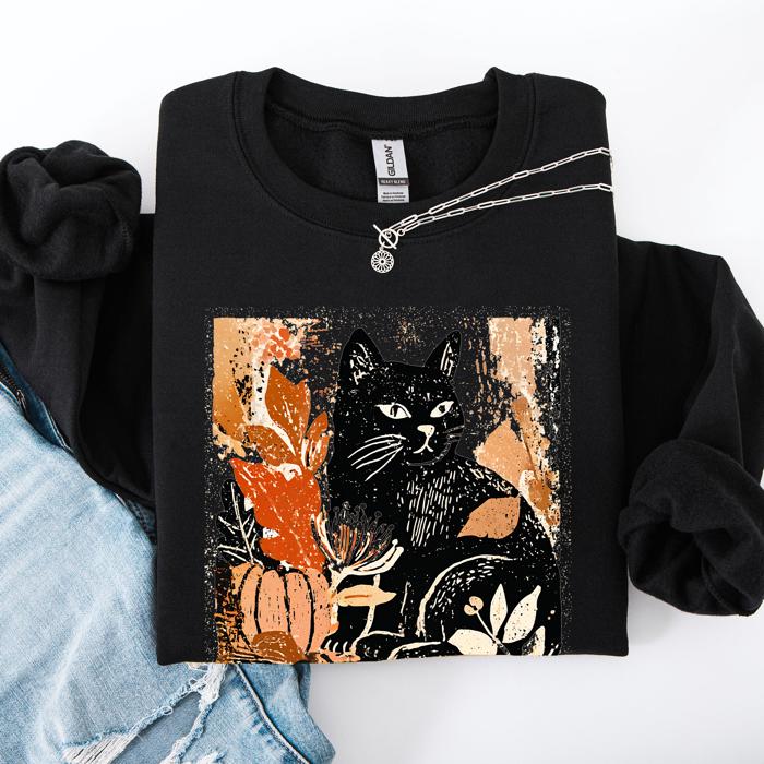 Vintage Black Cat Halloween Autumn Pumpkin Cozy Soft Fleece Vintage Inspired Design Sweatshirt