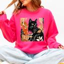 Medium Crunhberry Bright Pink Vintage Black Cat Halloween Autumn Pumpkin Cozy Soft Fleece Vintage Inspired Design Sweatshirt