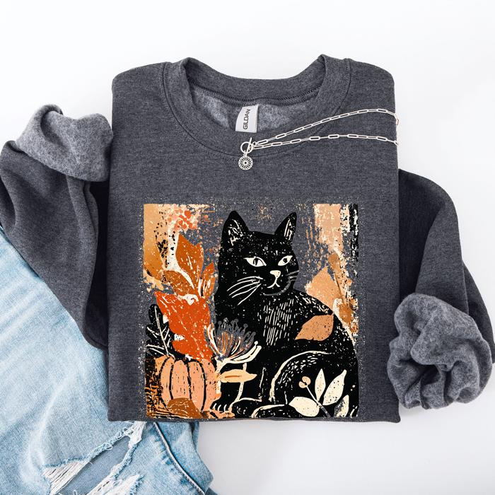 Vintage Black Cat Halloween Autumn Pumpkin Cozy Soft Fleece Vintage Inspired Design Sweatshirt