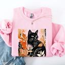XXL Light Pink Vintage Black Cat Halloween Autumn Pumpkin Cozy Soft Fleece Vintage Inspired Design Sweatshirt