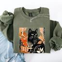 XXL Military Green Vintage Black Cat Halloween Autumn Pumpkin Cozy Soft Fleece Vintage Inspired Design Sweatshirt