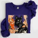 Medium Purple Vintage Black Cat Halloween Autumn Pumpkin Cozy Soft Fleece Vintage Inspired Design Sweatshirt