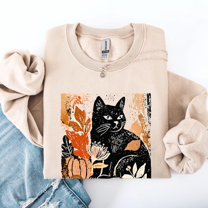 Vintage Black Cat Halloween Autumn Pumpkin Cozy Soft Fleece Vintage Inspired Design Sweatshirt
