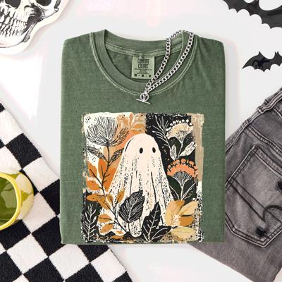 Vintage Ghost Halloween Botanical Floral Autumnal Charm Graphic Comfort Colors Tee