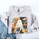 XL Ash Light Gray Vintage Ghost Halloween Botanical Floral Autumn Fall Cozy Night Spirit Sweatshirt
