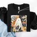 Large Black Vintage Ghost Halloween Botanical Floral Autumn Fall Cozy Night Spirit Sweatshirt