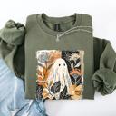 XXL Military Green Vintage Ghost Halloween Botanical Floral Autumn Fall Cozy Night Spirit Sweatshirt