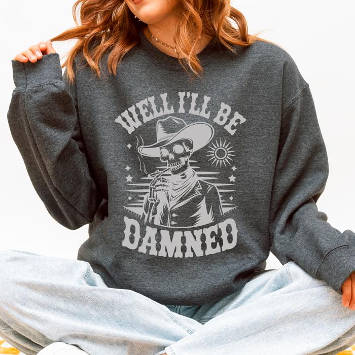 Well I'll Be Damned Skeleton Halloween Cozy Graphic Typography Ornaments Edition Sweatshirt