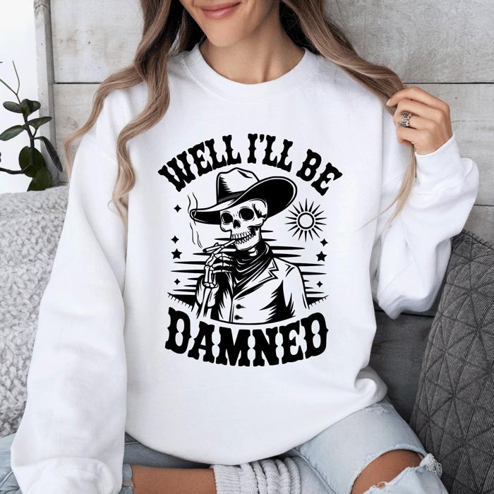 Well I'll Be Damned Skeleton Halloween Cozy Graphic Typography Ornaments Edition Sweatshirt