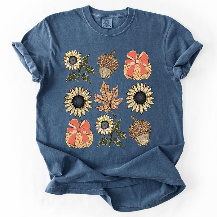 Autumn Floral Sunflowers Pumpkin Fall Blue Wildflower Allover Floral Vintage Boho Nature Comfort Colors Tee