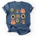 Large Denim Blue Autumn Floral Sunflowers Pumpkin Fall Blue Wildflower Allover Floral Vintage Boho Nature Comfort Colors Tee