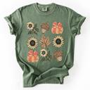 Large Moss Dark Green Autumn Floral Sunflowers Pumpkin Fall Blue Wildflower Allover Floral Vintage Boho Nature Comfort Colors Tee