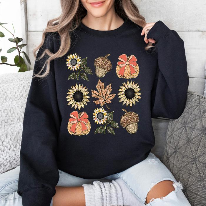 Autumn Floral Sunflowers Pumpkin Cozy Fall Harvest Botanical Theme Artwork Sweatshirt