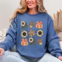 XXXL Indigo Blue Autumn Floral Sunflowers Pumpkin Cozy Fall Harvest Botanical Theme Artwork Sweatshirt