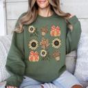 Large Military Green Autumn Floral Sunflowers Pumpkin Cozy Fall Harvest Botanical Theme Artwork Sweatshirt