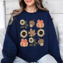 Large Navy Autumn Floral Sunflowers Pumpkin Cozy Fall Harvest Botanical Theme Artwork Sweatshirt