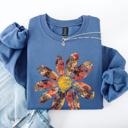 Medium Indigo Blue Autumn Flower Beautiful Fall Floral Sunflowers Pumpkins Harvest Print Cozy Sweatshirt
