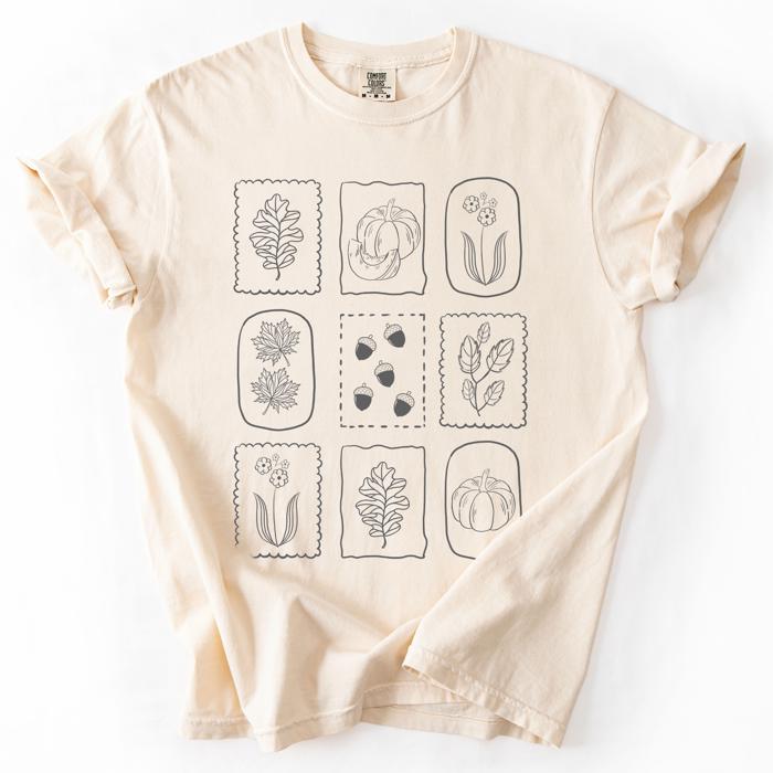 Autumn Flowers Minimalist Boho Fall Bouquet With Blue Wildflowers Sunflowers And Pumpkin Accents Comfort Colors Tee