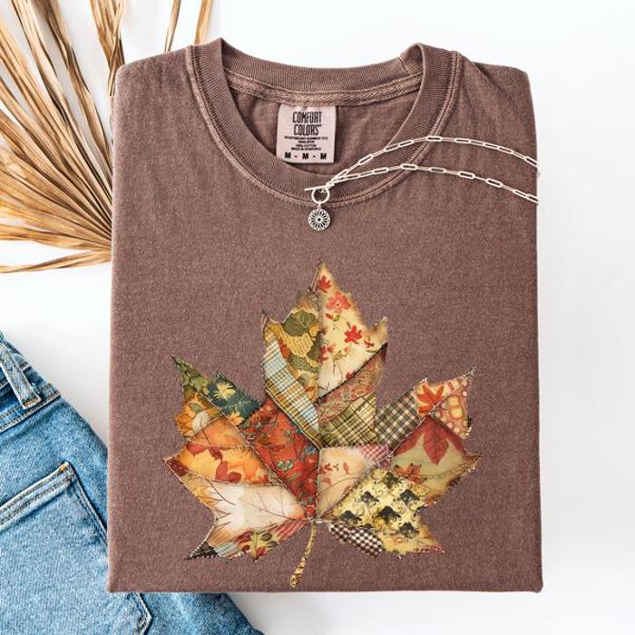 Autumn Leaf Faux Quilt Leaves Vintage Boho Floral Design With Sunflower Accents Comfort Colors Tee