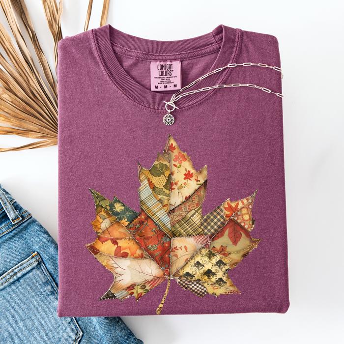 Autumn Leaf Faux Quilt Leaves Vintage Boho Floral Design With Sunflower Accents Comfort Colors Tee