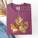 Small Berry Red Autumn Leaf Faux Quilt Leaves Vintage Boho Floral Design With Sunflower Accents Comfort Colors Tee