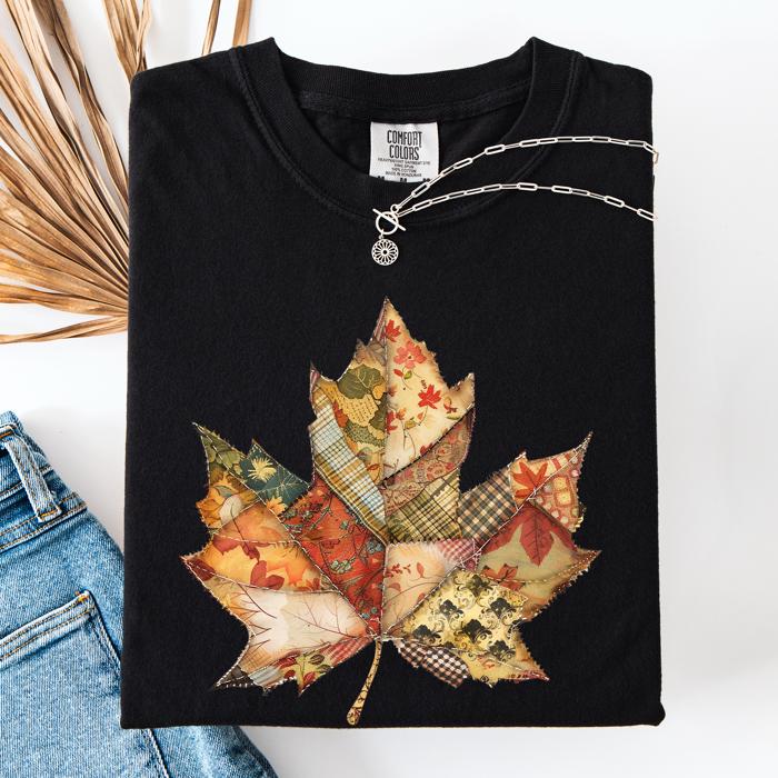 Autumn Leaf Faux Quilt Leaves Vintage Boho Floral Design With Sunflower Accents Comfort Colors Tee