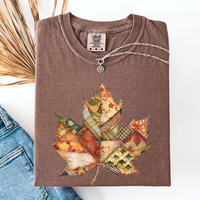 Autumn Leaf Faux Quilt Leaves Vintage Boho Floral Design With Sunflower Accents Comfort Colors Tee