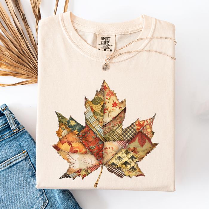 Autumn Leaf Faux Quilt Leaves Vintage Boho Floral Design With Sunflower Accents Comfort Colors Tee