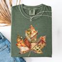 Medium Moss Dark Green Autumn Leaf Faux Quilt Leaves Vintage Boho Floral Design With Sunflower Accents Comfort Colors Tee