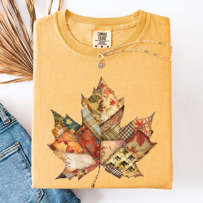 Autumn Leaf Faux Quilt Leaves Vintage Boho Floral Design With Sunflower Accents Comfort Colors Tee