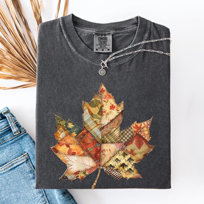 Autumn Leaf Faux Quilt Leaves Vintage Boho Floral Design With Sunflower Accents Comfort Colors Tee
