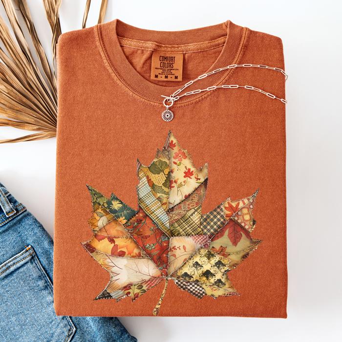 Autumn Leaf Faux Quilt Leaves Vintage Boho Floral Design With Sunflower Accents Comfort Colors Tee