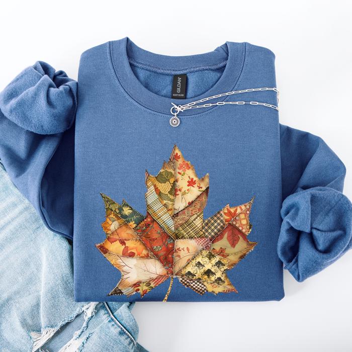 Autumn Leaf Faux Quilt Leaves Floral Sunflowers Pumpkins Thanksgiving Sweatshirt