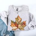 Large Ash Light Gray Autumn Leaf Faux Quilt Leaves Floral Sunflowers Pumpkins Thanksgiving Sweatshirt