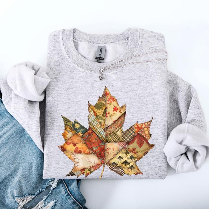 Autumn Leaf Faux Quilt Leaves Floral Sunflowers Pumpkins Thanksgiving Sweatshirt