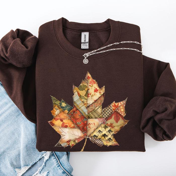 Autumn Leaf Faux Quilt Leaves Floral Sunflowers Pumpkins Thanksgiving Sweatshirt