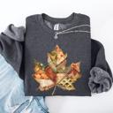 Small Dark Gray Heather Autumn Leaf Faux Quilt Leaves Floral Sunflowers Pumpkins Thanksgiving Sweatshirt