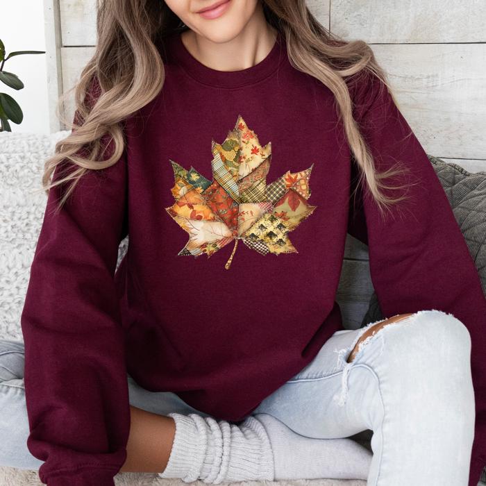 Autumn Leaf Faux Quilt Leaves Floral Sunflowers Pumpkins Thanksgiving Sweatshirt