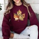 Large Maroon Autumn Leaf Faux Quilt Leaves Floral Sunflowers Pumpkins Thanksgiving Sweatshirt