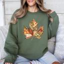 Small Military Green Autumn Leaf Faux Quilt Leaves Floral Sunflowers Pumpkins Thanksgiving Sweatshirt
