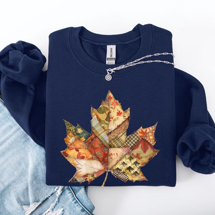 Autumn Leaf Faux Quilt Leaves Floral Sunflowers Pumpkins Thanksgiving Sweatshirt